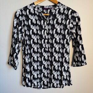 SRISHTI Womens Black White Gray Leaf Print 3/4 Sleeve V-Neck‎ Tunic Blouse M